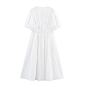 White short sleeve V-neck midi dress with delicate hollow lace embroidery details