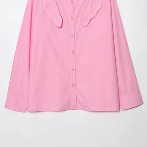 Pink long sleeve shirt featuring embroidered Peter Pan collar and button-down front