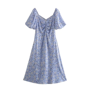 Robe Midi Style Français Imprimé Floral Manches Bouffantes Col en V pour Femmes Élégante Ligne A Sergé de Rayonne