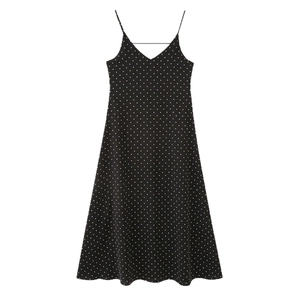 Elegant black polka dot sleeveless A-line maxi dress with slim shoulder straps and V-neckline