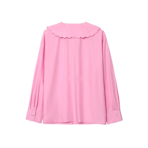 Back view of pink loose long-sleeved shirt with scalloped collar and embroidered details