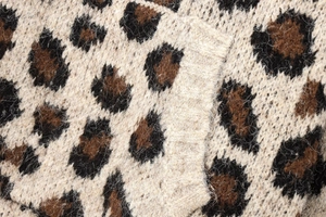Close-up of fluffy leopard print knit fabric with soft mohair texture and detail