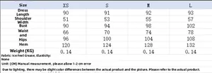 Detailed size chart for asymmetric A-line dress showing measurements from XS to L