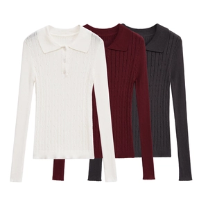 Women Long Sleeve Cable Knit Polo Sweater Slim Fit Ribbed Knit Top Solid Color Casual Fall Winter Button Down Pullover