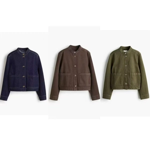 Women's Loose Denim Utility Jacket Stand Collar Long Sleeve Button Up Coat With Large Patch Pockets Casual Spring Outerwear