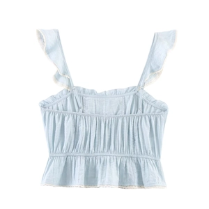 Light blue embroidered camisole top with lace trim and ruffled smocked details