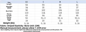 Size chart for women's striped cotton shirt showing measurements for XS to L in centimeters