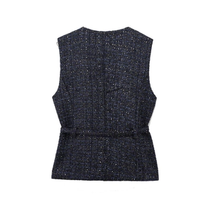 Detail view of the back of a navy tweed textured sleeveless vest with waist tie belt