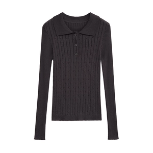 Classic dark grey knit polo shirt with long sleeves and ribbed texture design