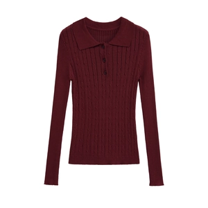 Classic wine red cable knit polo sweater for women featuring ribbed cuffs and buttons