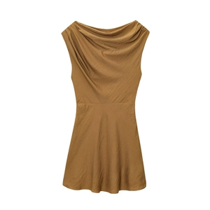 Women Elegant Brown Cowl Neck Sleeveless A-Line Mini Dress Satin Texture Summer Party Commuter Sexy Dress For Women