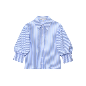 Women's blue and white striped shirt with puff sleeves and button-down front