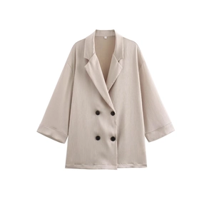 Oversized beige double-breasted pleated blazer for women with loose fit and notch lapel