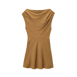 Elegant brown sleeveless cowl neck A-line dress with asymmetrical shoulder design