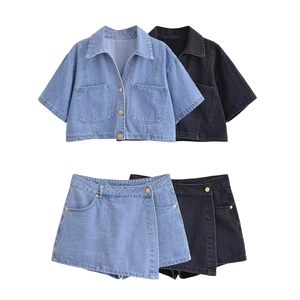 Women Retro Denim Two Piece Outfit Short Sleeve Lapel Button Down Crop Top And Asymmetrical Skort Streetwear Jeans Set