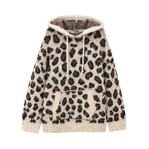 Women's Casual Leopard Print Hooded Knitted Sweater Loose Long Sleeve Pullover Autumn Winter Animal Pattern Knitwear Hoodie Top