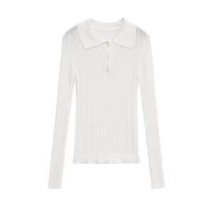 Women's cream white striped knit polo shirt with long sleeves and button lapel