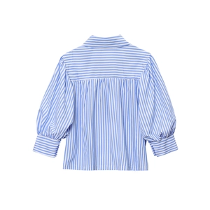 Women blue and white striped shirt with puff sleeves and back pleat detail