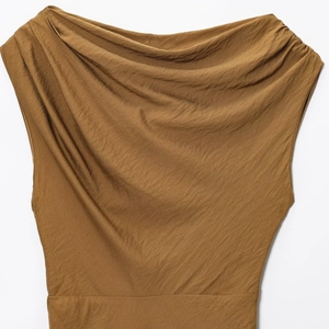 Brown one-shoulder sleeveless A-line dress with elegant draped neck and pleated texture