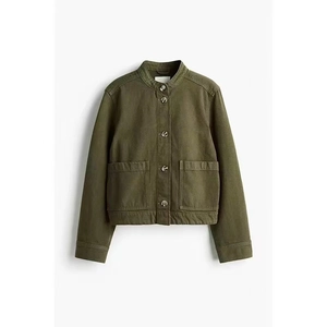 Army green utilitarian jacket with stand collar and large symmetrical pockets for women