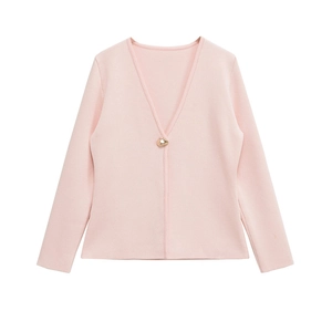 Elegant pale pink long sleeve knit cardigan for women with a gold button and V-neckline