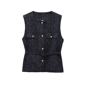 Women's dark blue tweed vest with gold stitching, metal buttons and waist belt