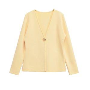 Classic cream V-neck knit cardigan for women with a single gold metallic button detail