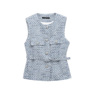 Women's blue tweed vest with elegant textured weave and matching waist belt