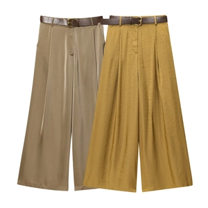 Women's Elegant Satin Wide Leg Pants With Belt High Waist Solid Color Drapey Full Length Casual Streetwear Trousers