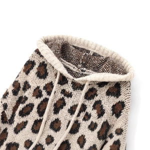 Women's leopard jacquard hooded knit sweatshirt with drawstring and textured fabric
