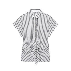 Camicia Donna Casual a Righe Manica Corta Con Orlo Annodato Colletto a Revers Monopetto Blusa in Misto Cotone e Lino Top Estivo