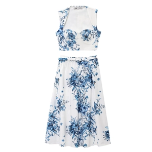 Women's 2025 summer two-piece floral print set with cropped top and high-waisted A-line skirt