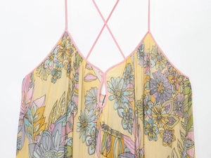 Close-up of floral print dress featuring a keyhole cutout and pink thin straps