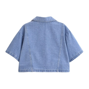 Rear view of cropped light blue denim short sleeve jacket with a neat collar design