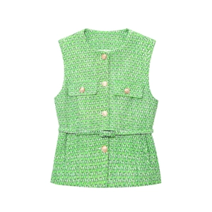 Women's green tweed vest with gold buttons and matching waist belt on white background