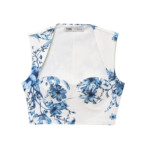 Floral print halter crop top with underwire and retro blue flower pattern for summer wear