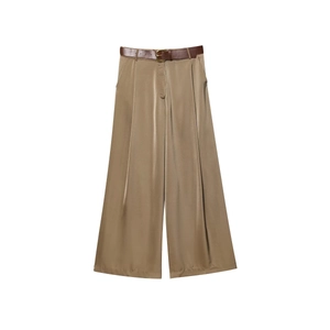 Women's champagne satin wide-leg trousers with matching brown leather ring belt