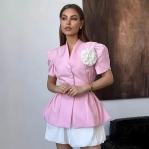 Haut Peplum Élégant à Manches Courtes pour Femmes Col en V Manches Bouffantes Fleur à la Main Chemisier Cintré Style Blazer Mode d'Été