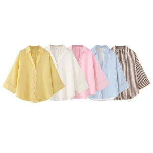 Women's Casual Linen Blend Blouse V-Neck Loose Long Sleeve Shirt Solid Color Striped Button Down Tops For Daily Office Wear