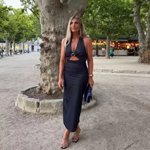 Damen Halter V-Ausschnitt Cutout Gerafft Slim Fit Maxi Kleid Metallschnalle Denim Optik Elegant Streetwear Party Abendkleid