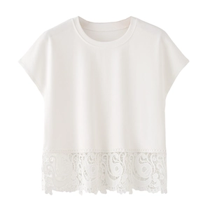 T-Shirt Décontracté en Coton Blanc pour Femmes Col Rond Manches Courtes Élégant Assemblage Dentelle Ourlet Ajouré Hauts Été