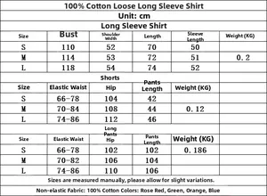 Size chart for three-piece cotton poplin set showing shirt, shorts and pants dimensions