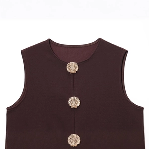 Deep brown sleeveless knit vest top with decorative golden shell buttons for women