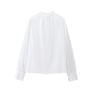 Back view of elegant white cotton blouse featuring detailed pleated collar and long sleeves