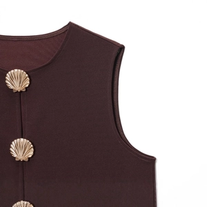 Dark brown sleeveless vest top with elegant golden shell buttons and round neckline