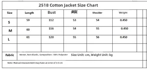 Detailed size chart for floral cotton jacket showing S to L measurements in centimeters