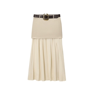 Women Midi Pleated Skirt With Belt High Slit Spliced Design Elegant Casual Beige Midi Skirt For Office Dating Lady