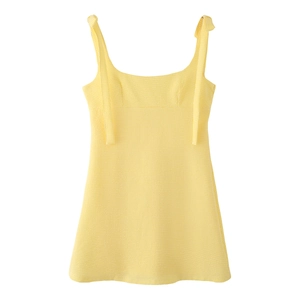 Yellow gingham mini dress with adjustable tie-shoulder straps and a chic square neckline