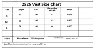 Detailed size chart for printed quilted vest showing length, bust, and material data