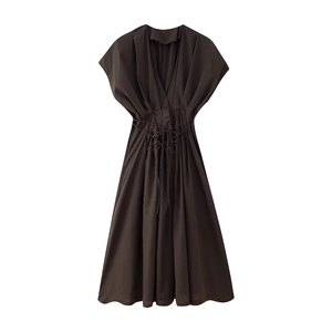 Women V Neck Pleated Drawstring Waist Maxi Dress Elegant Solid Color Long Sleeve Summer A-Line Casual Dress For Women
